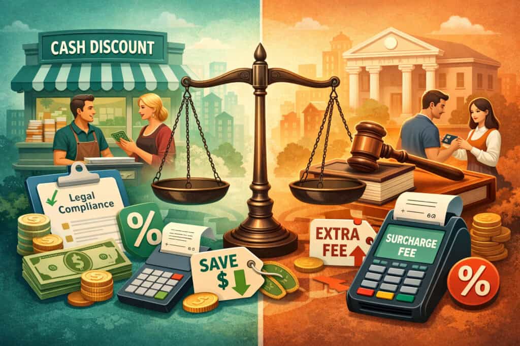 comparing cash discounting and credit card surcharging for merchants, showing cash payments with savings versus card payments with added fees, balanced by legal and financial considerations.