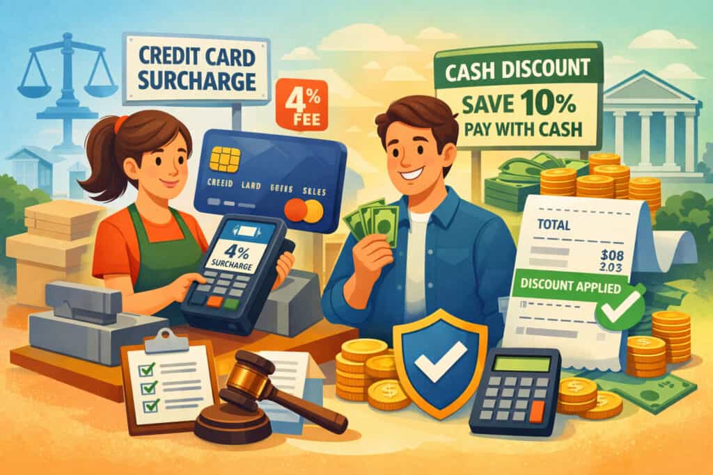 Illustration of credit card surcharging vs cash discount compliance showing payment terminal, cash transaction, legal balance scale, and secure business payment icons