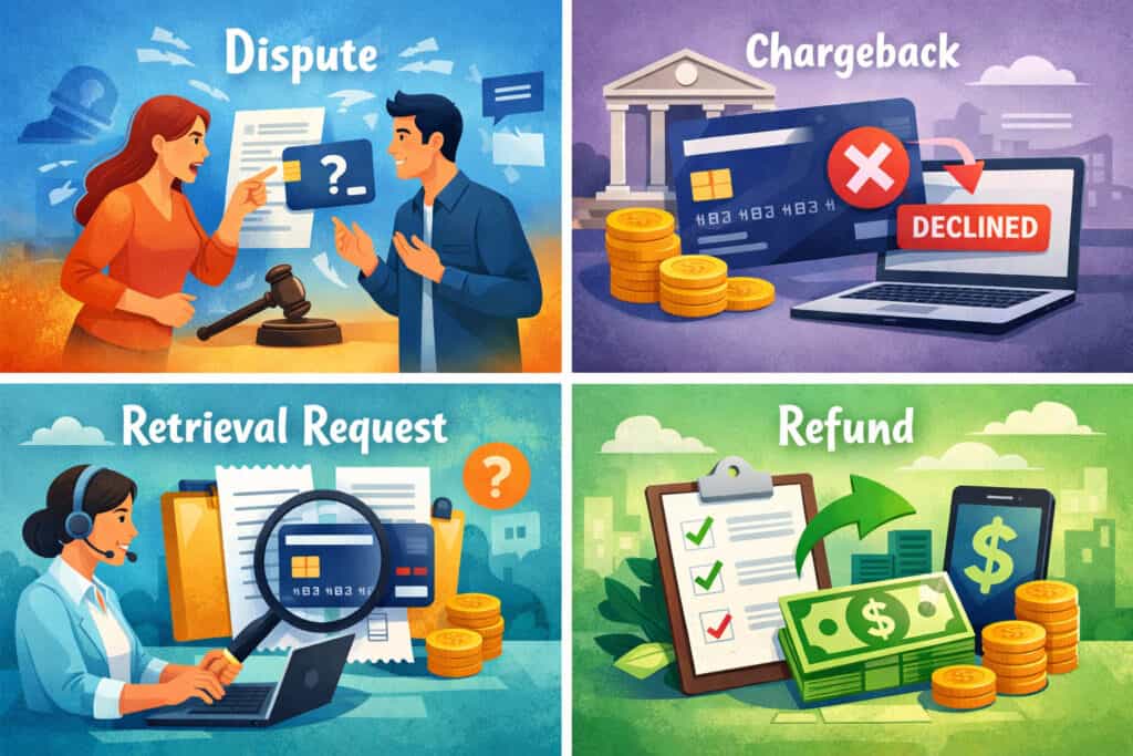 Payment dispute vs chargeback vs retrieval request vs refund illustration with financial icons