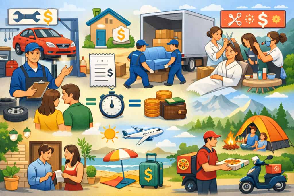 Flat rate pricing illustrated through everyday services like auto repair, moving, salon, travel, and delivery with fixed cost concept icons