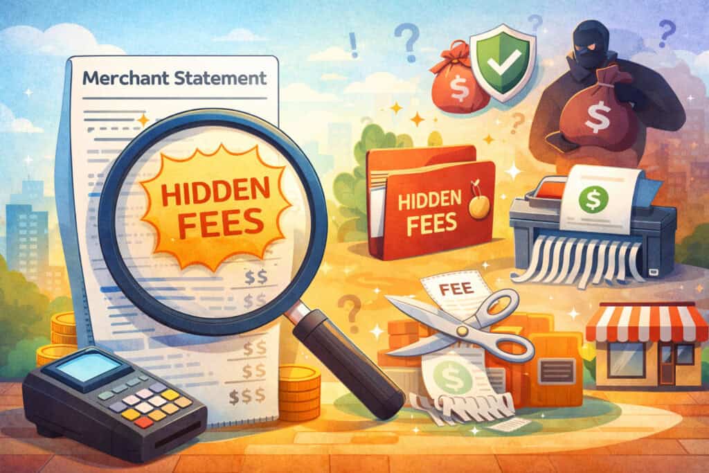 Illustration of hidden fees in a merchant statement revealed by a magnifying glass, with icons showing payment processing, unexpected charges, and cost-cutting elements like scissors and coins
