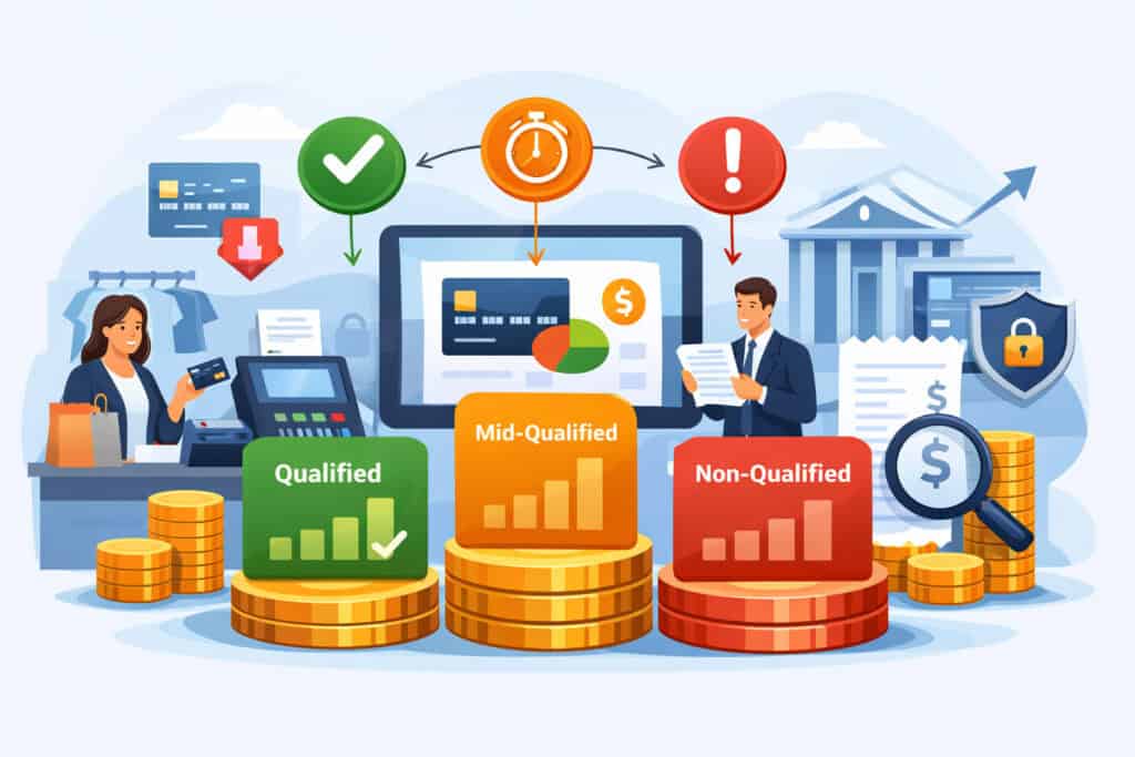 Tiered pricing model in merchant processing with qualified, mid-qualified, and non-qualified transaction tiers
