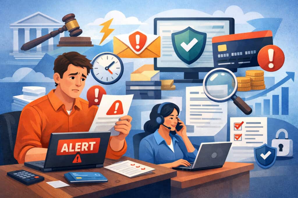 Merchant reviewing a dispute notice while customer support investigates transaction with financial security and chargeback icons in background