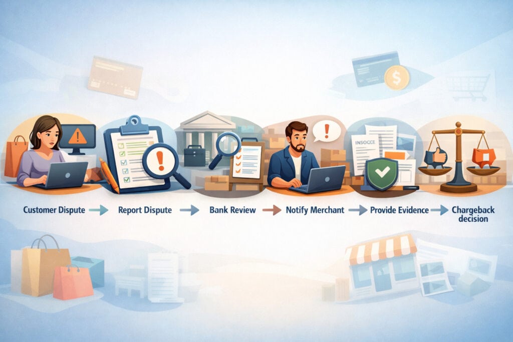 Illustration of the credit card chargeback process showing stages from customer dispute to final resolution with banking and merchant review steps