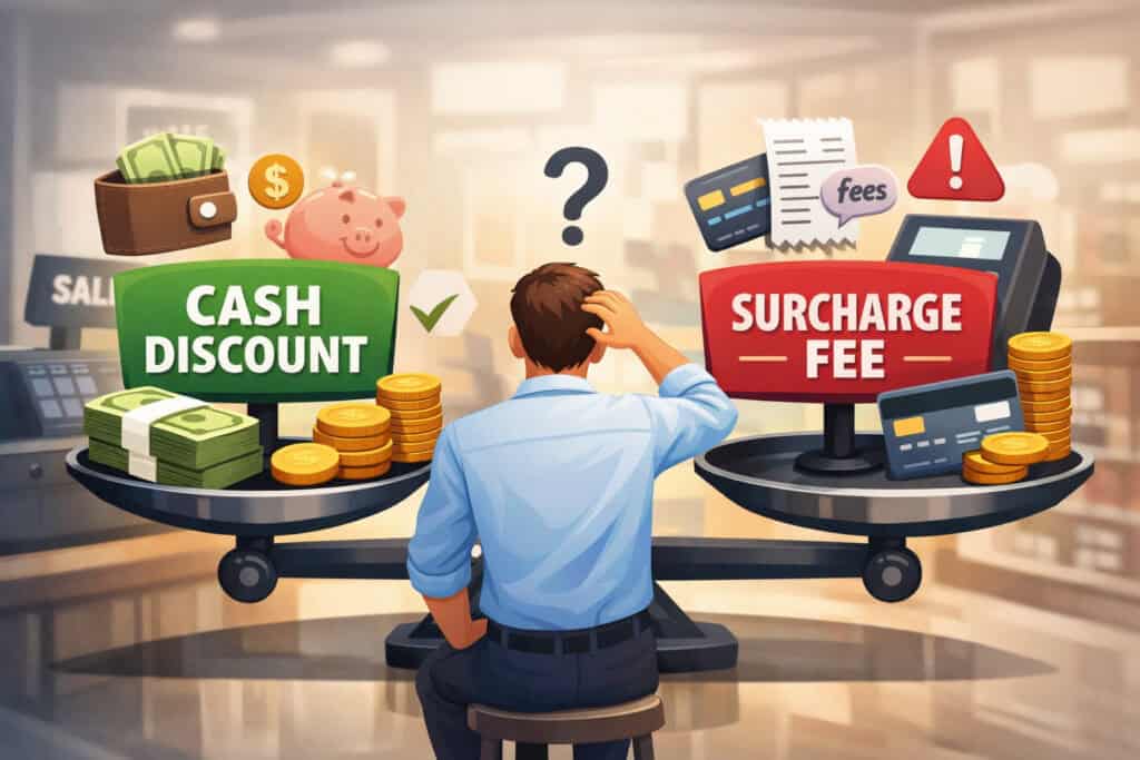 Business owner comparing cash discount vs surcharge payment programs with balance scale, cash, credit cards, and fee icons in a retail setting
