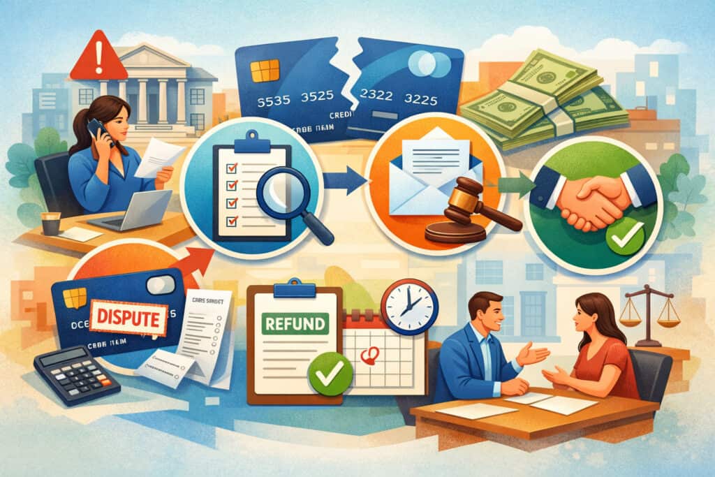 Step-by-step credit card dispute resolution process with icons for claim filing, investigation, documentation, and refund approval