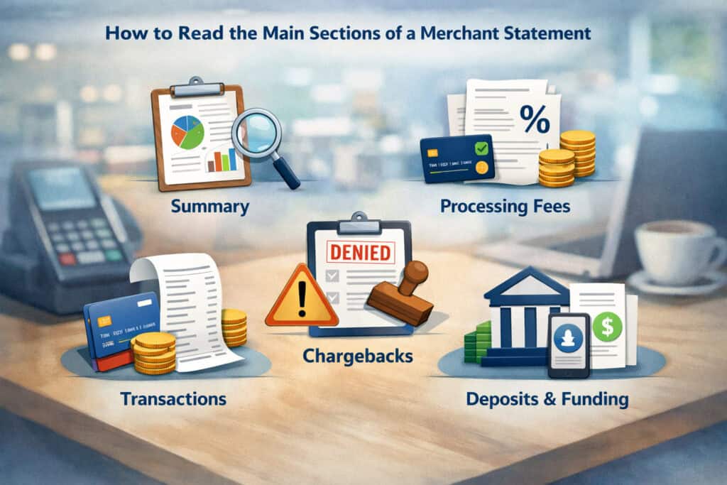 merchant statement sections showing summary, processing fees, transactions, chargebacks, and deposits with payment and finance icons