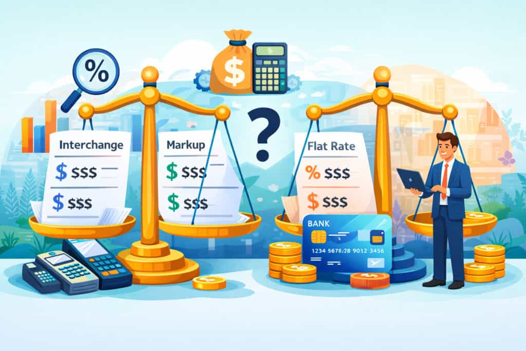 comparing interchange plus and flat rate pricing models with balance scales, payment icons, and business owner analyzing processing costs