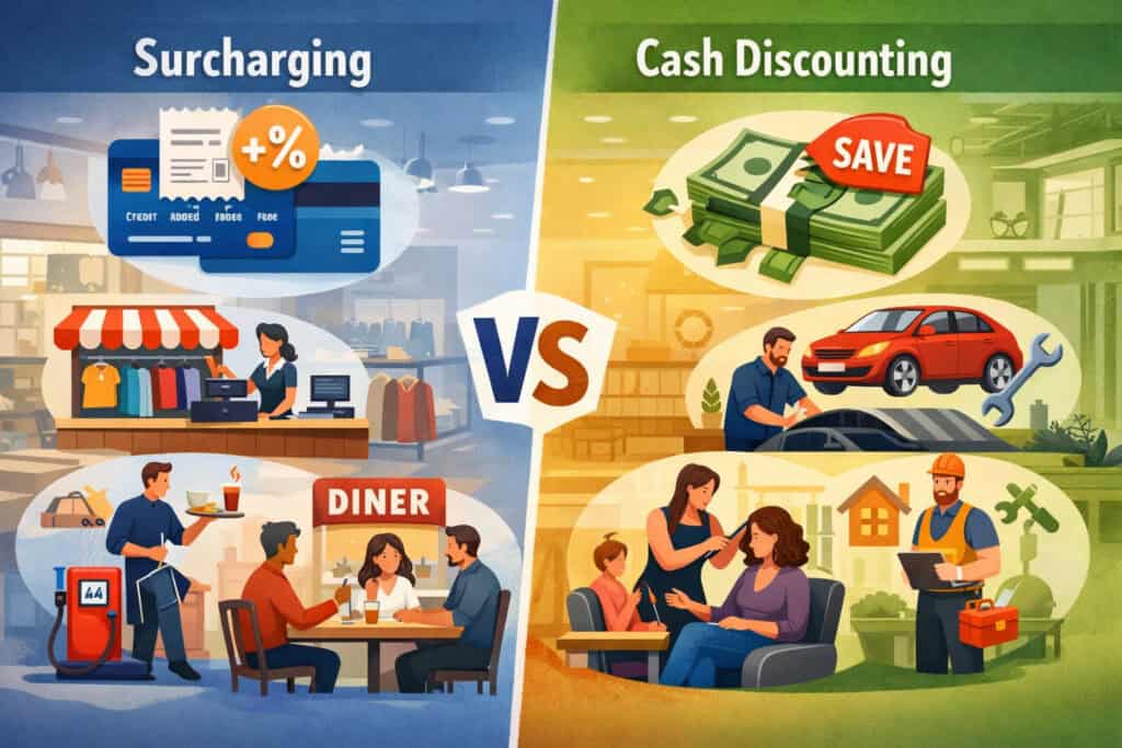 Illustration comparing credit card surcharging vs cash discounting across business types including retail stores, restaurants, gas stations, auto repair shops, salons, and contractors with payment method icons