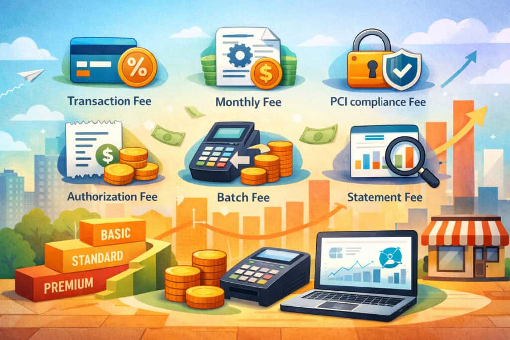 Illustration of tiered pricing structure in payment processing with various fees like transaction, monthly, compliance, and batch fees represented through financial icons and POS systems