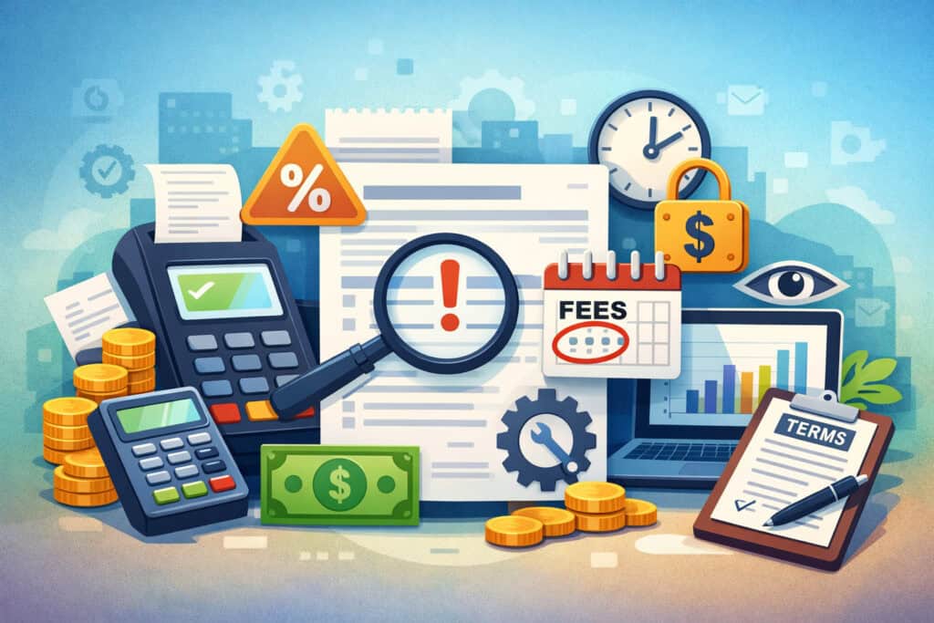 Illustration of hidden merchant statement fees with POS terminal, financial documents, magnifying glass, and payment processing icons