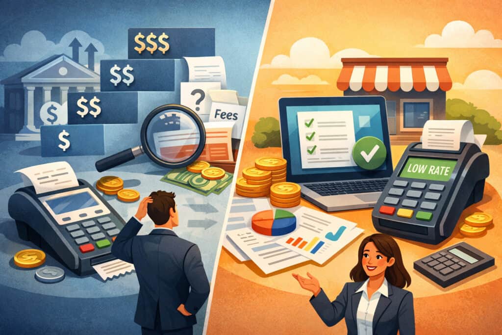 Illustration comparing tiered credit card processing with complex hidden fees versus transparent pricing model with clear rates and simple cost structure