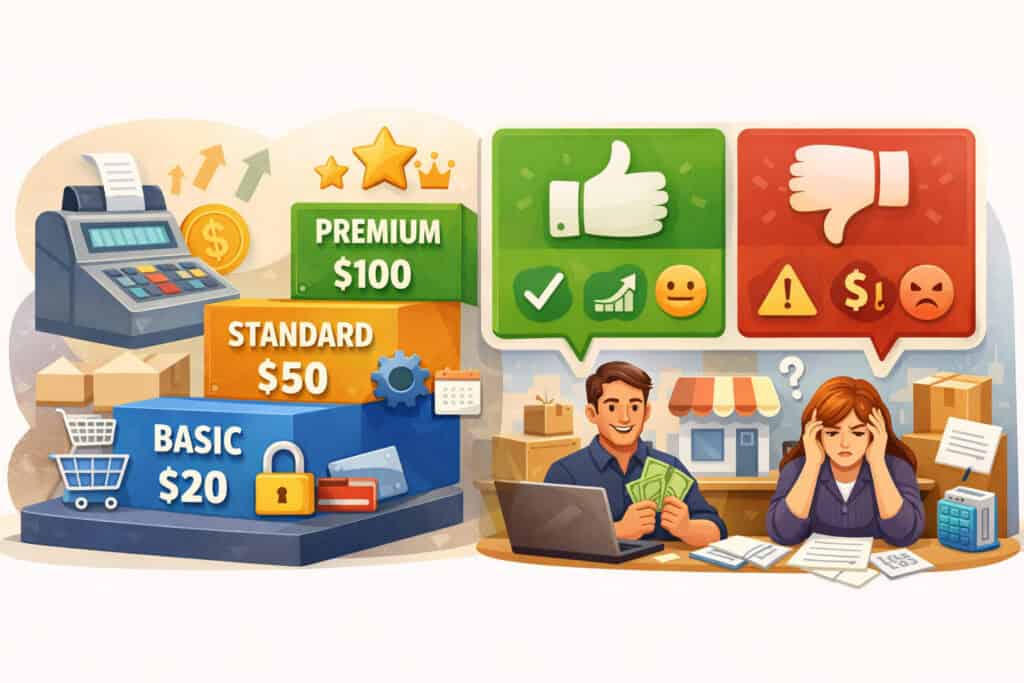 tiered pricing model in payment processing showing basic, standard, and premium tiers with merchants experiencing different pricing outcomes and pros and cons visualization