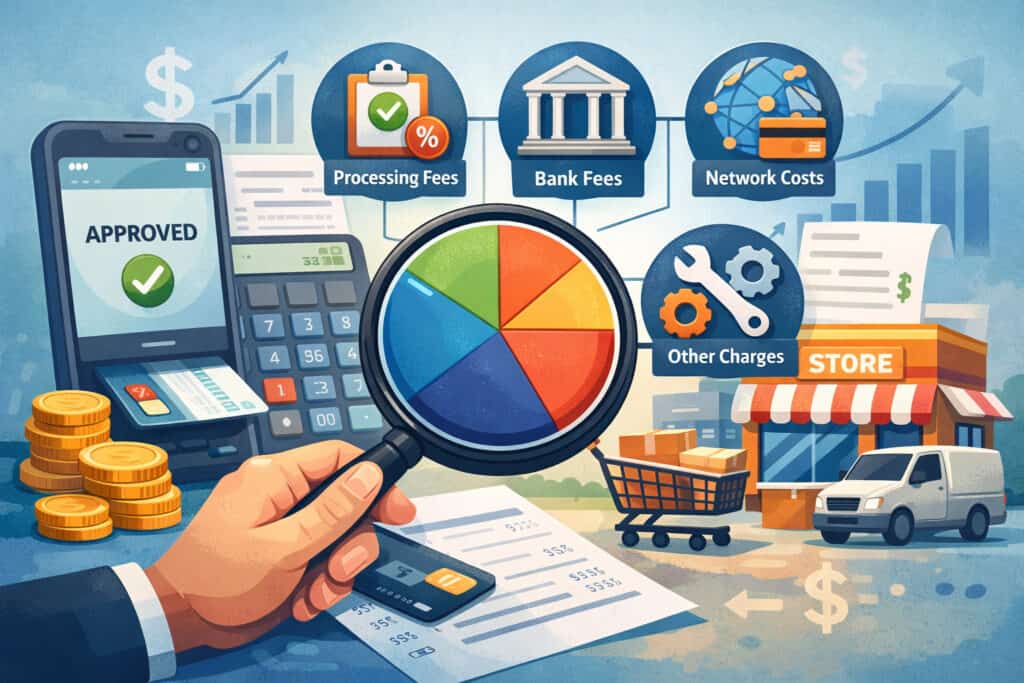 merchant account fee breakdown showing processing fees, bank fees, network costs, and other charges with pie chart, payment devices, and retail business elements