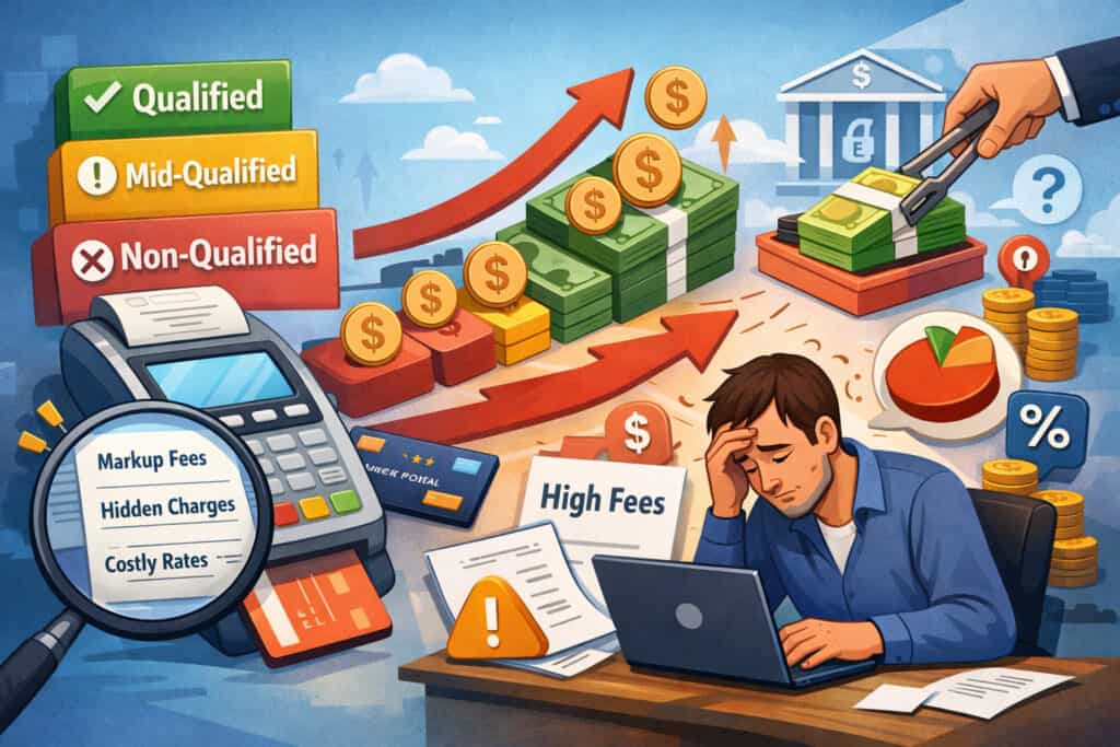 Illustration of tiered pricing merchant account fees showing qualified, mid-qualified, and non-qualified rates with rising costs and hidden charges affecting a small business owner