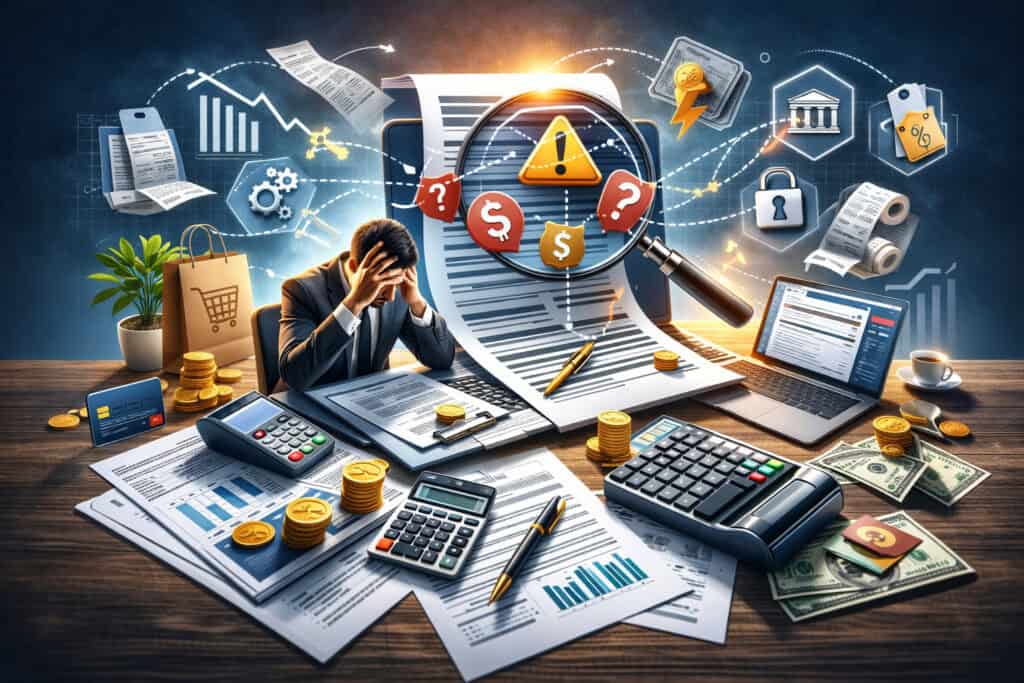Stressed business owner reviewing merchant statement with hidden fees, financial documents, calculator, and payment icons illustrating confusion over unexpected charges