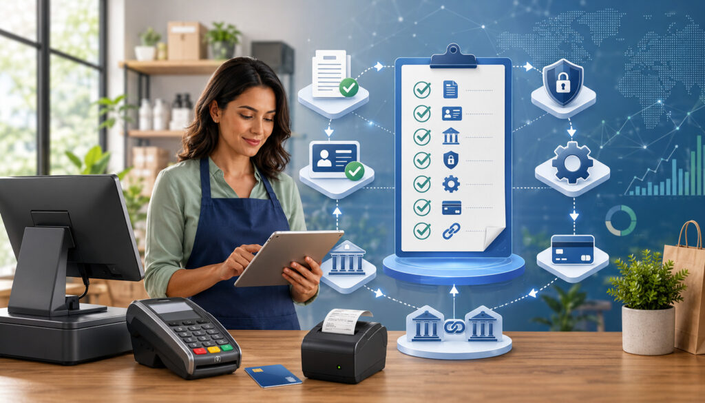 Merchant account setup checklist with payment processing icons