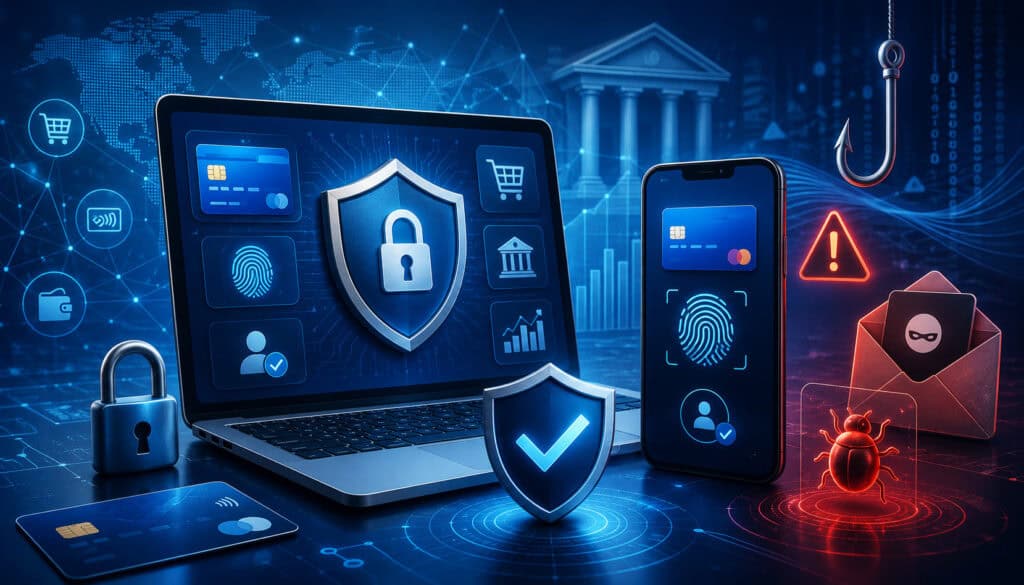 Secure digital payments and fraud protection illustration