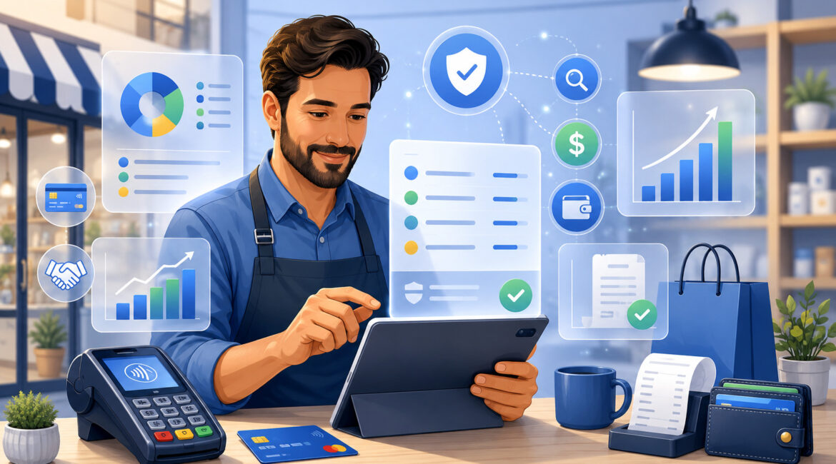 Transparent merchant pricing dashboard with payment icons and POS terminal
