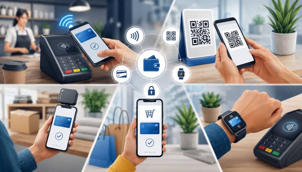 Mobile payment solutions with smartphones, QR codes, card readers, and contactless checkout