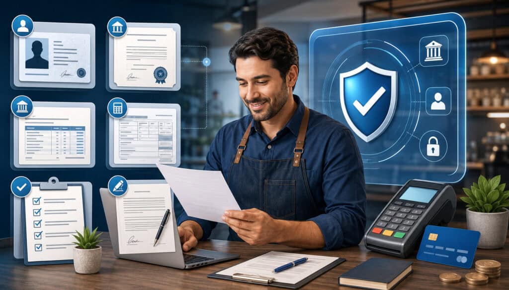 Merchant account approval documents and secure payment verification illustration