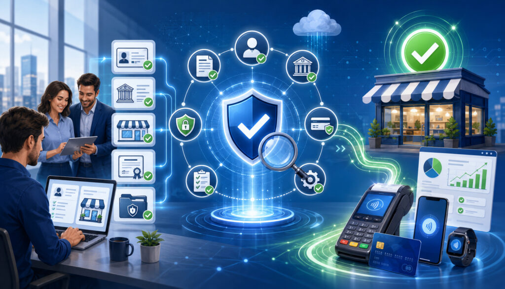 Merchant account approval process with documents, underwriting, security checks, and payment setup