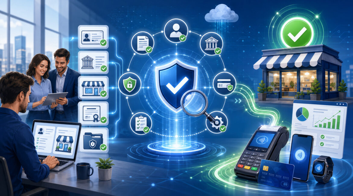 Merchant account approval process with documents, underwriting, security checks, and payment setup