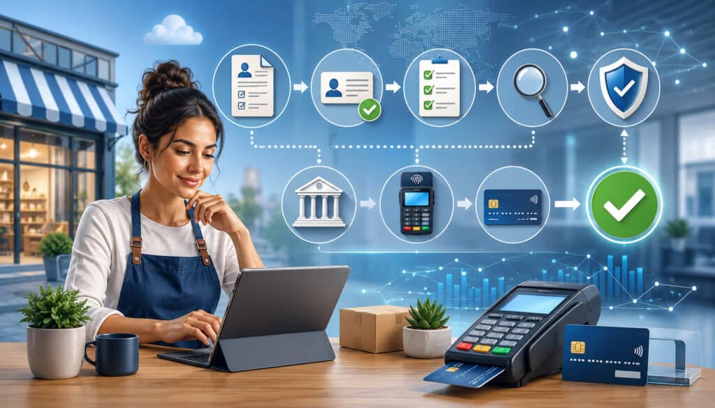 Merchant account approval process illustration with application, verification, review, and payment approval icons