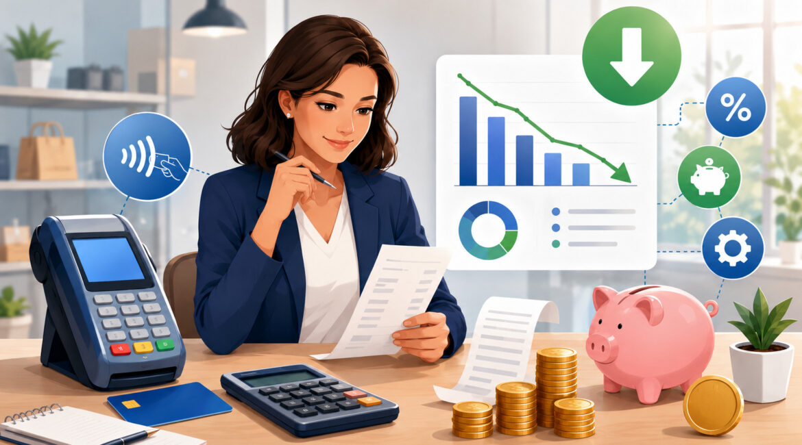 Business owner reviewing payment costs and savings chart