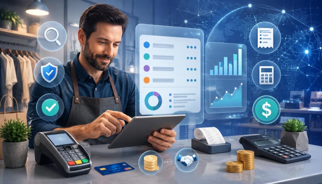 Transparent merchant pricing dashboard with payment icons and small business owner reviewing costs
