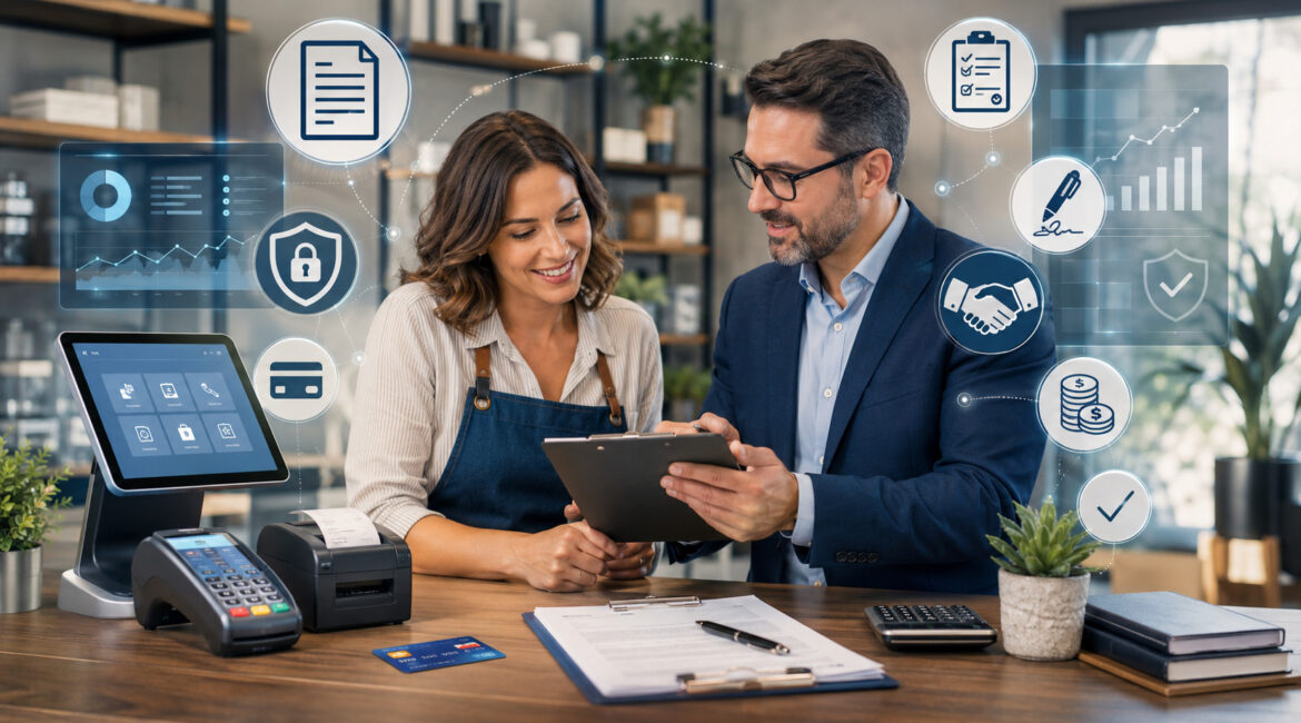 Business owner reviewing merchant service contract with payment advisor and POS tools