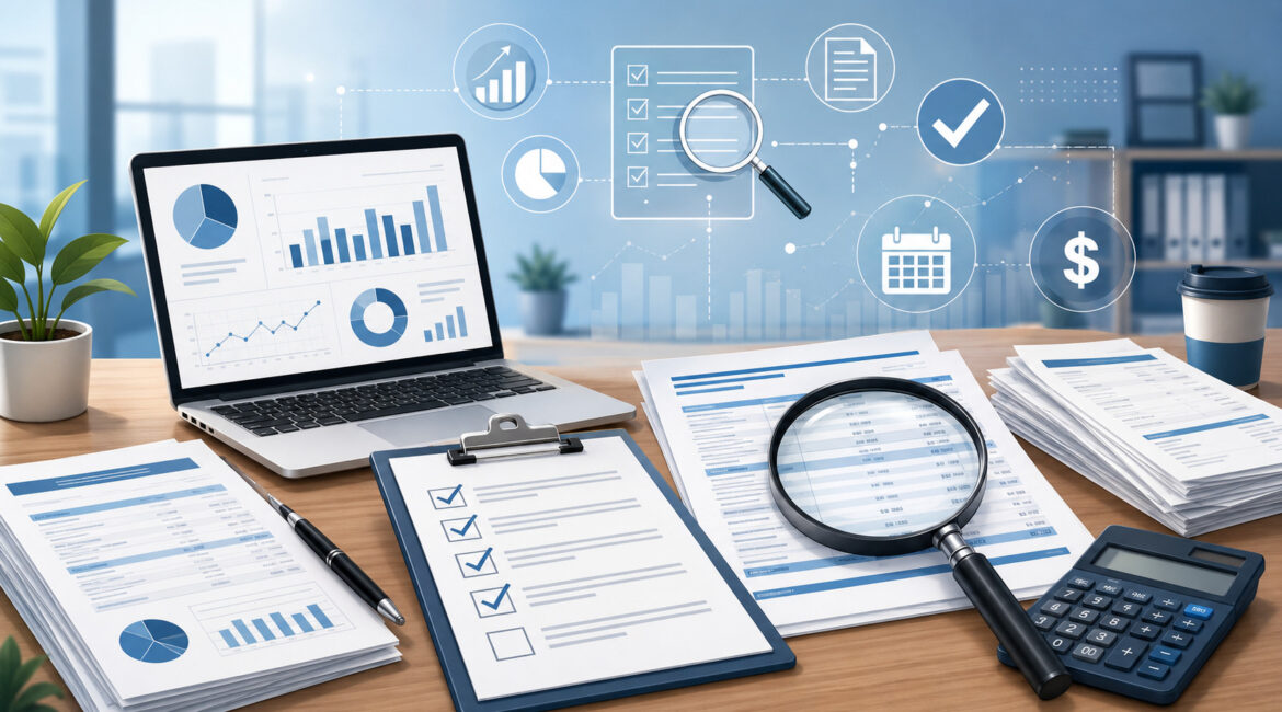 Monthly statement audit illustration with financial reports and checklist